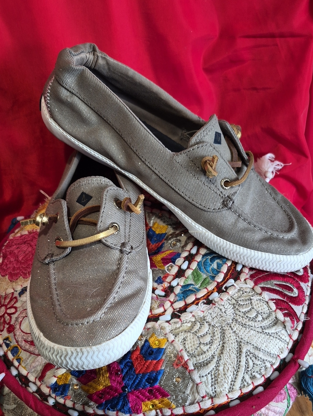 Sperry Taupe Gold Sparkly- Canvas Boat Shoes